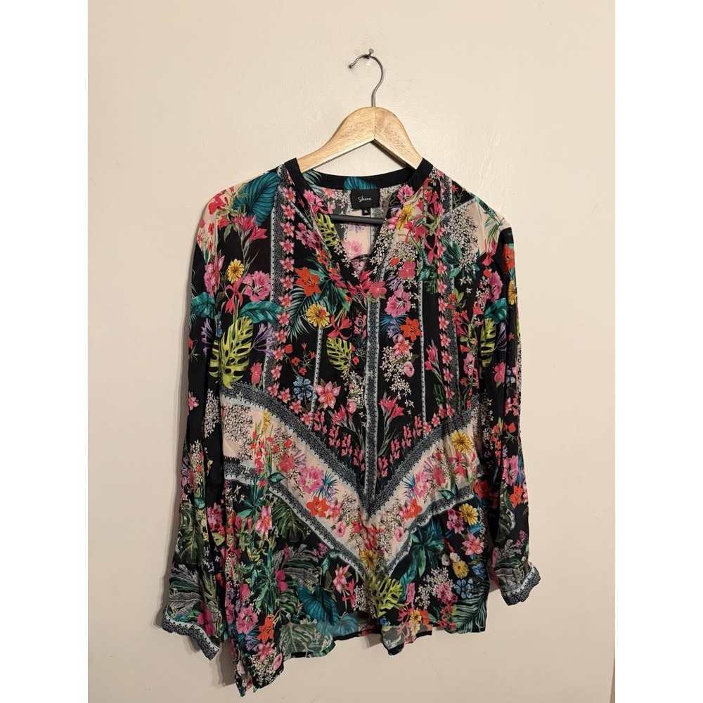 Shana Black Floral Viscose Silk Tunic Boho Cottage Botanical LS Light Size XL